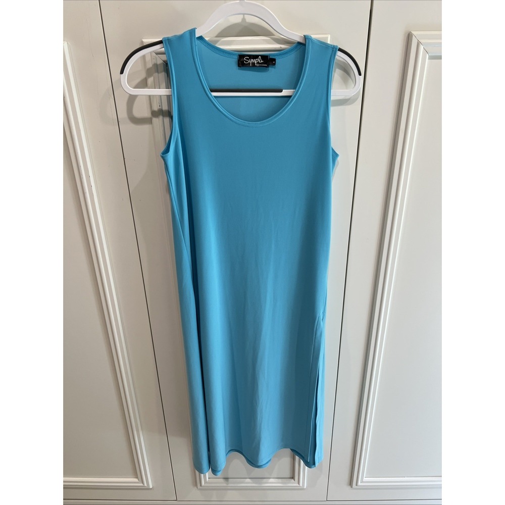 Sympli Light Blue Tank Midi Dress Slinky Knit Side Slits Lagenlook Artsy Classic